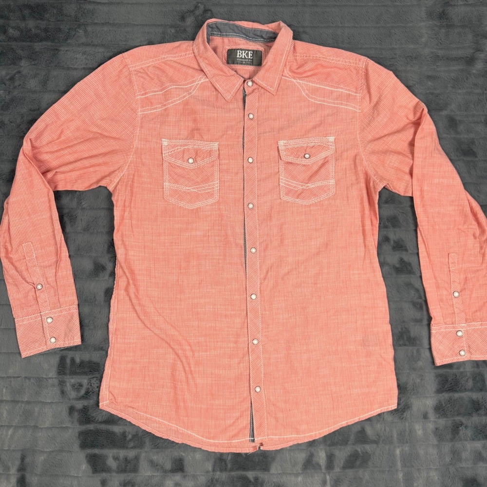 BKE Mens XL Standard Fit Western Pearl Snap Shirt Coral Stripe Long Sleeve